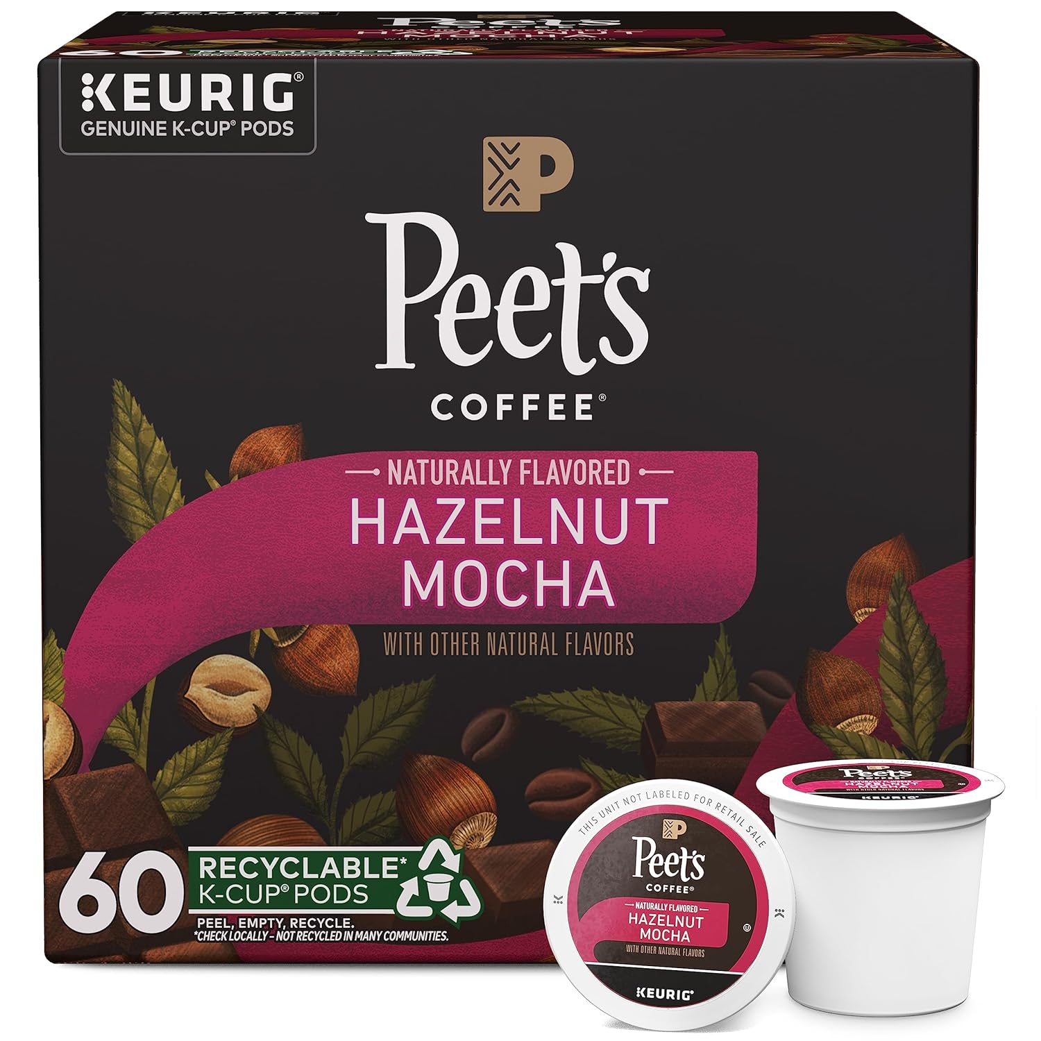 Peet's Coffee, Hazelnut Mocha - Flavored Coffee - 60 K-Cup Pods for Keurig Brewers (6 boxes of 10 pods), Light Roast