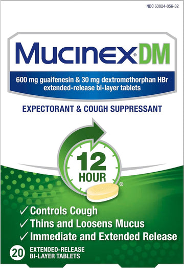 Mucinex Cough Suppressant and Expectorant, DM 12 Hr Relief Tablets, 20ct, 600 mg Guaifenesin, 30 mg Dextromethorphan HBr, Controls Cough and Thins & Loosens Mucus That Causes Cough & Chest Congestion