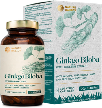 Nature Basics® Natural Ginkgo Biloba Sustainable In Amber Jar | Co2 Neutral & Additive Free | 180 Vegan Capsules | 115Mg Ginkgo Biloba & 40Mg Ginseng Extract Per Daily Dose