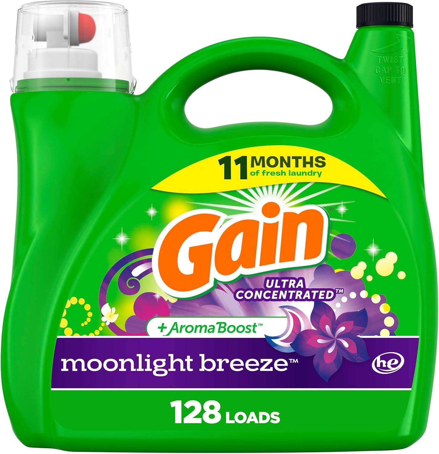 Gain + Aroma Boost Liquid Laundry Detergent, Moonlight Breeze Scent, 128 Loads, 184 Fl Oz, He Compatible