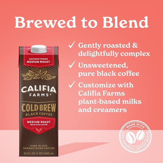 Califia Farms - Pure Black Medium Roast Cold Brew Coffee, 32 Oz (Pack Of 6), 100% Arabica, Shelf Stable, Plant Based, Vegan, Gluten Free, Non Gmo, Sugar Free, Iced Coffee