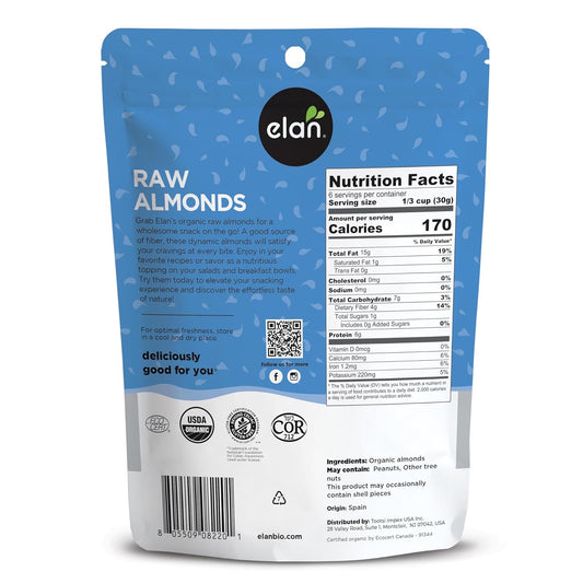 Elan Organic California Raw Almonds, 7.0 Oz, Unsalted, Unroasted, Raw Nuts, Non-Gmo, Vegan, Gluten-Free, Kosher, Healthy Snacks