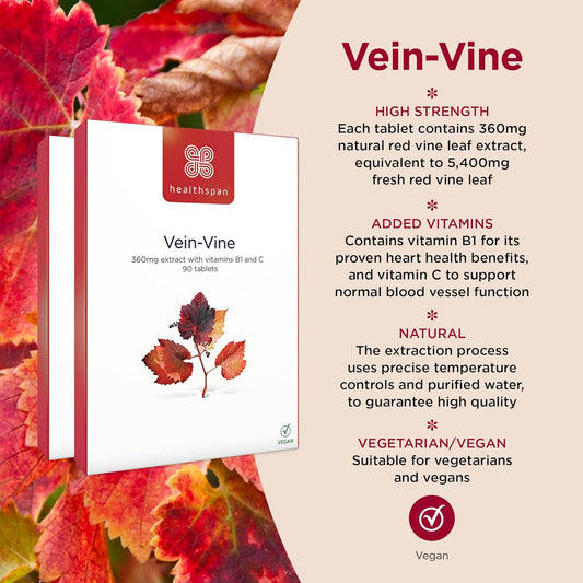 Healthspan Vein Vine Leg Vein Support 360Mg (180 Tablets) | For Tired & Heavy Legs | Maintains Healthy Leg-Vein Functions | Red Vine Leaf Extract | Added Vitamins B1 & C | Vegan