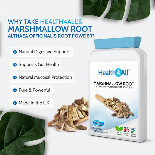 Health4All Marshmallow Root 500Mg Per Capsule, 90 Capsules, Digestive & Resporatory Health Supplement Soothing Relief, Purest Vegan Natural Marshmallow Root Supplement | Made In Uk