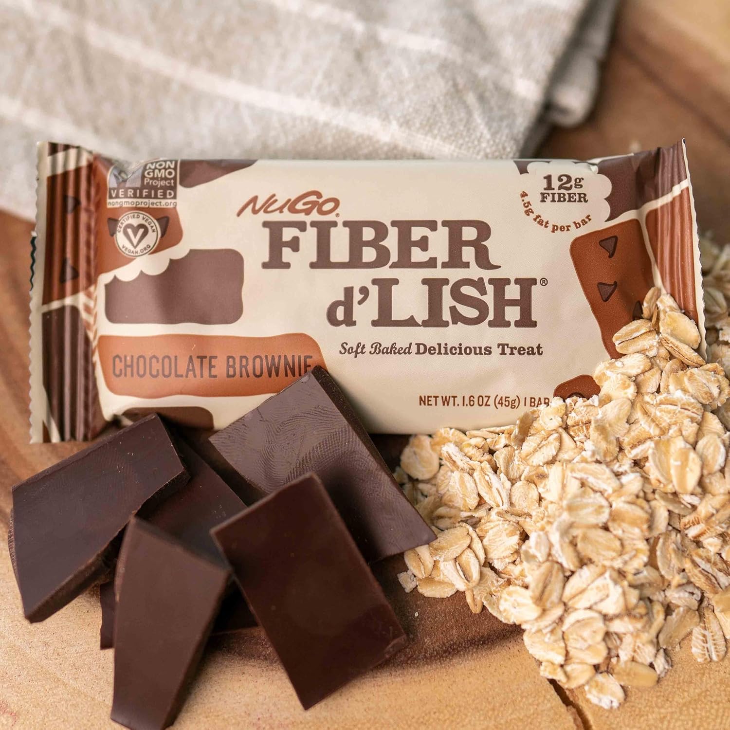 NuGo Fiber D'lish Variety Chocolate Brownie & Peanut Chocolate Chip, 12g High Fiber, Vegan, 5 Bars Each, 10 Count