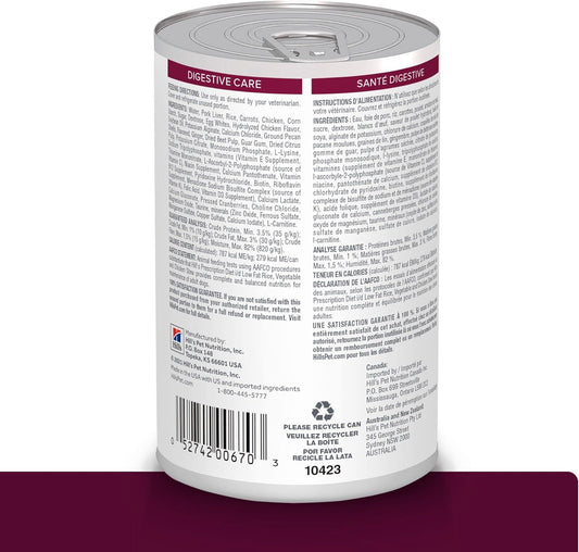 Hill'S Prescription Diet I/D Low Fat Digestive Care Rice, Vegetable & Chicken Stew Wet Dog Food, Veterinary Diet, 12.5 Ounce Cans (Pack Of 12)