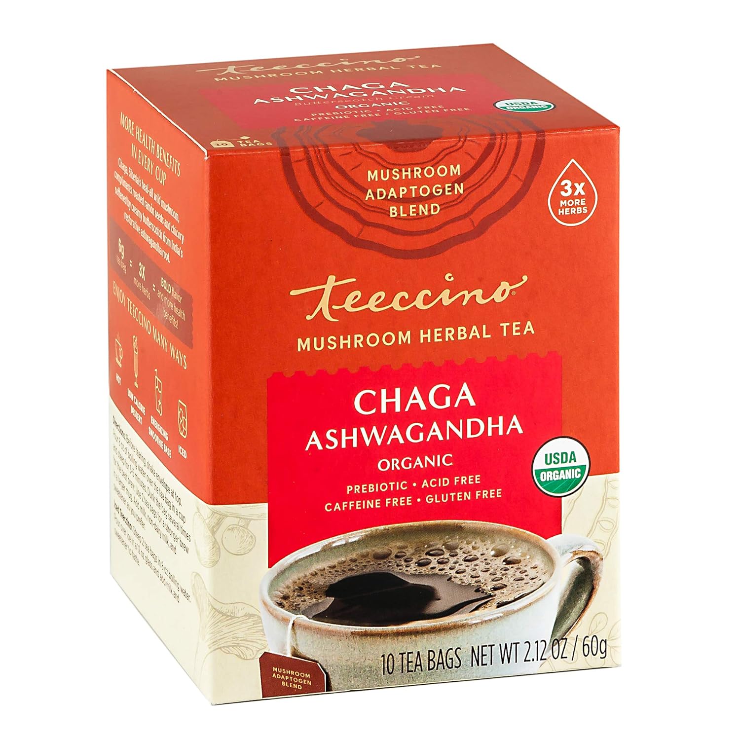 Teeccino Chaga Ashwagandha Tea - Butterscotch Cream - Organic Mushroom Adaptogenic Herbal Tea, 3X More Herbs Than Regular Tea Bags, Prebiotic, Caffeine Free, Gluten Free - 10 Tea Bags