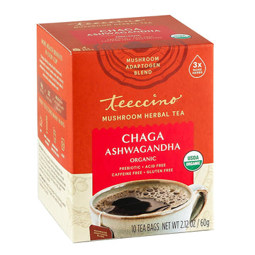 Teeccino Chaga Ashwagandha Tea - Butterscotch Cream - Organic Mushroom Adaptogenic Herbal Tea, 3X More Herbs Than Regular Tea Bags, Prebiotic, Caffeine Free, Gluten Free - 10 Tea Bags