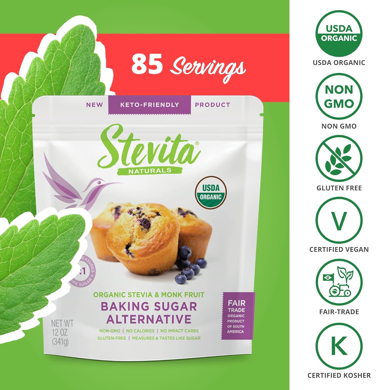 Stevita Organic Monk Fruit Bake-It-Better Pouch - 12 Oz - Baking Sugar Alternative With Monk Fruit, Stevia & Erythritol - No Calories - Usda Organic, Non-Gmo, Vegan, Keto, Paleo, Gluten Free