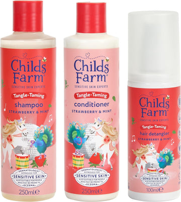 Childs Farm Kids Tangle Taming Hair Regime Bundle | Tear Free Strawberry & Organic Mint Shampoo (250Ml), Conditioner (250Ml) And Hair Detangler Spray (100Ml) | Suitable For All Hair Types - 3 Pack