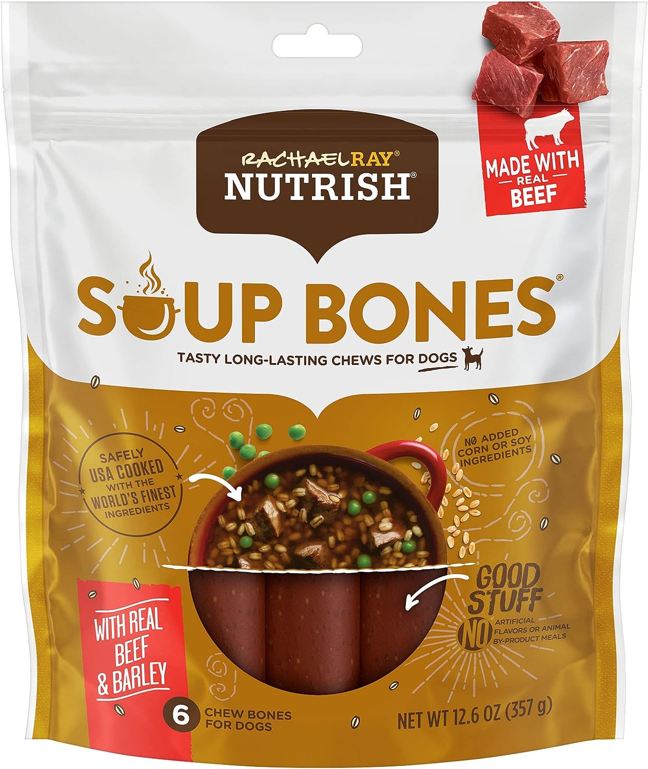 Rachael Ray Nutrish Soup Bones Dog Treats, Beef & Barley Flavor, 6 Bones