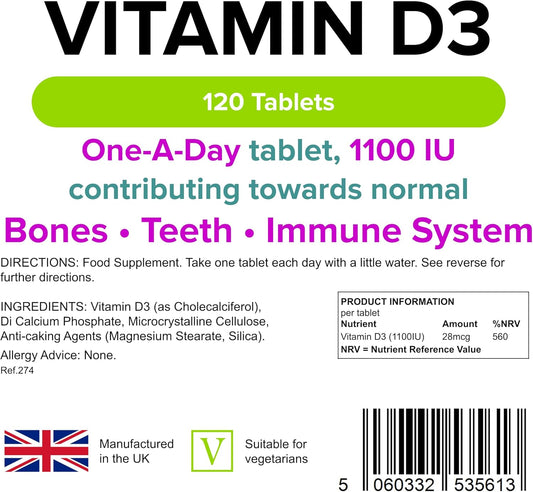 Lindens Vitamin D3 1100Iu - 120 Tablets - Immune System, Bones, Teeth, Uk Manufacturer Immune Support | (4 Months Supply) | Suitable For Vegetarians | Letterbox Friendly