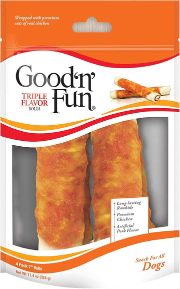 Good ’N’ Fun Triple Flavor Chews 4 Count, 7 Inch Rolls, Rawhide For Dogs