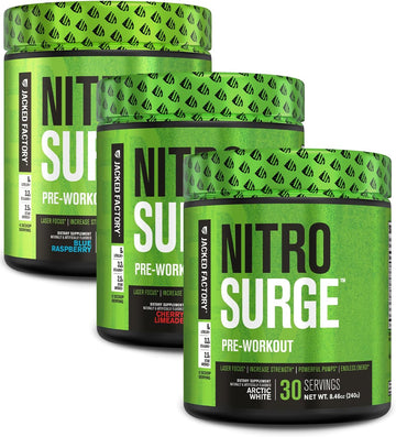 Jacked Factory Nitrosurge Pre Workout Supplement - Endless Energy, Instant Strength Gains, Clear Focus, Intense Pump | Cherry Limeade, Blue Raspberry, Arctic White (90 Servings)