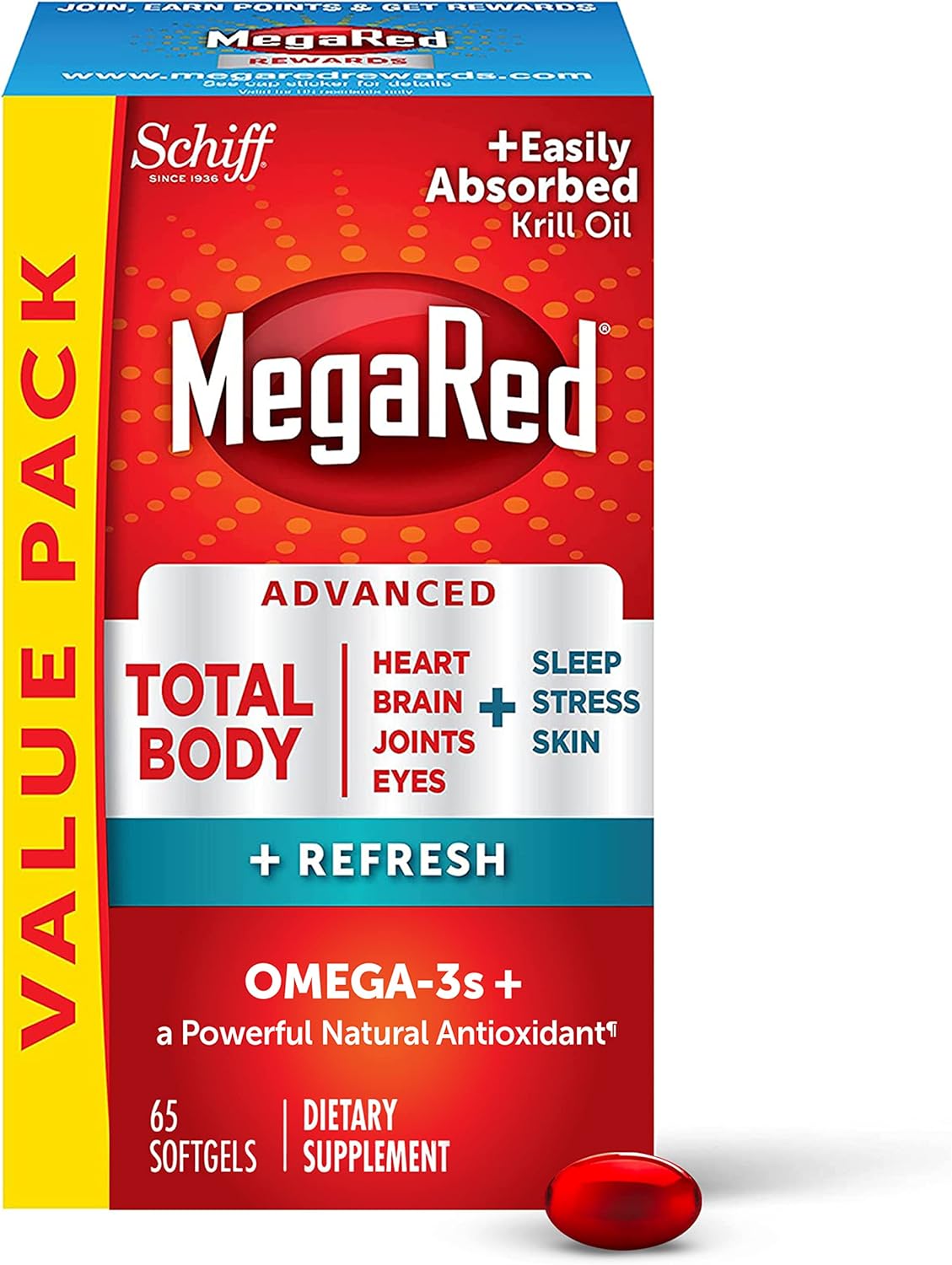 MegaRed Omega-3 Blend Total Body + Refresh 500mg Softgels, (65 Count in a Bottle), Easily Absorbed Krill Oil, to Support Your Heart, Joints, Brain & Eyes