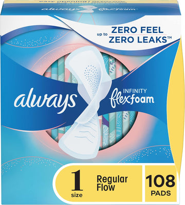 Always Infinity Feminine Pads For Women, Size 1 Regular, With Wings, Unscented, 108Ct