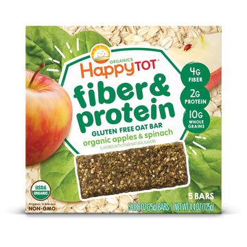 Happytot Organics Fiber & Protein Soft-Baked Oat Bars, Organic Toddler Snack, Apple & Spinach, 5 Count