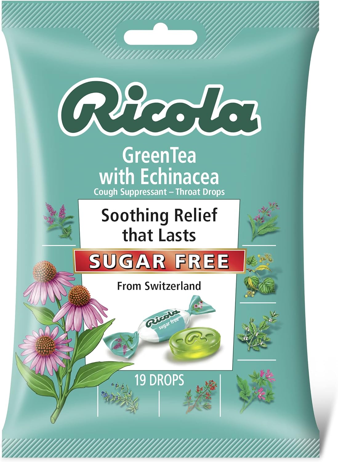 Ricola Sugar Free Green Tea with Echinacea Cough Suppressant Throat Drops, 19ct Bag