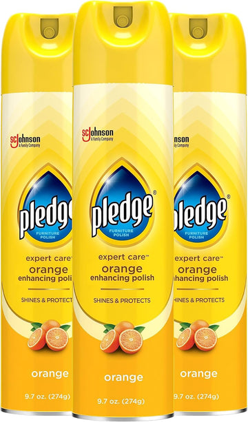 Pledge Expert Care Furniture Polish Spray, Works On Wood, Granite, And Leather, Shine And Protect Furniture Cleaner, Orange, 9.7 Oz, Pack Of 3