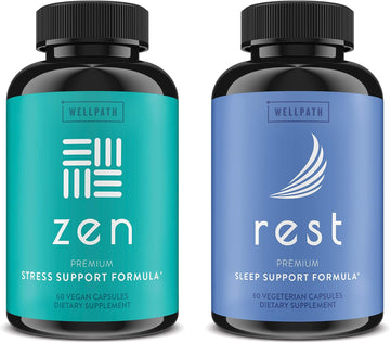 Wellpath Zen Mood Support + Rest Valerian Root Sleep Aid Supplements 2 Pack - Ultimate Combination For Calm Mood, Energy & Natural Sleep Support - L-Theanine & Other Natural Ingredients - 60 Cts Each