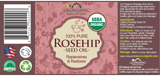 US Organic Rosehip Seed Oil, USDA Certified Organic, Cold Pressed, Virgin Organic, Amber Glass Bottle and Glass Eye Dropper for Easy Application - 2 oz (56 ml)