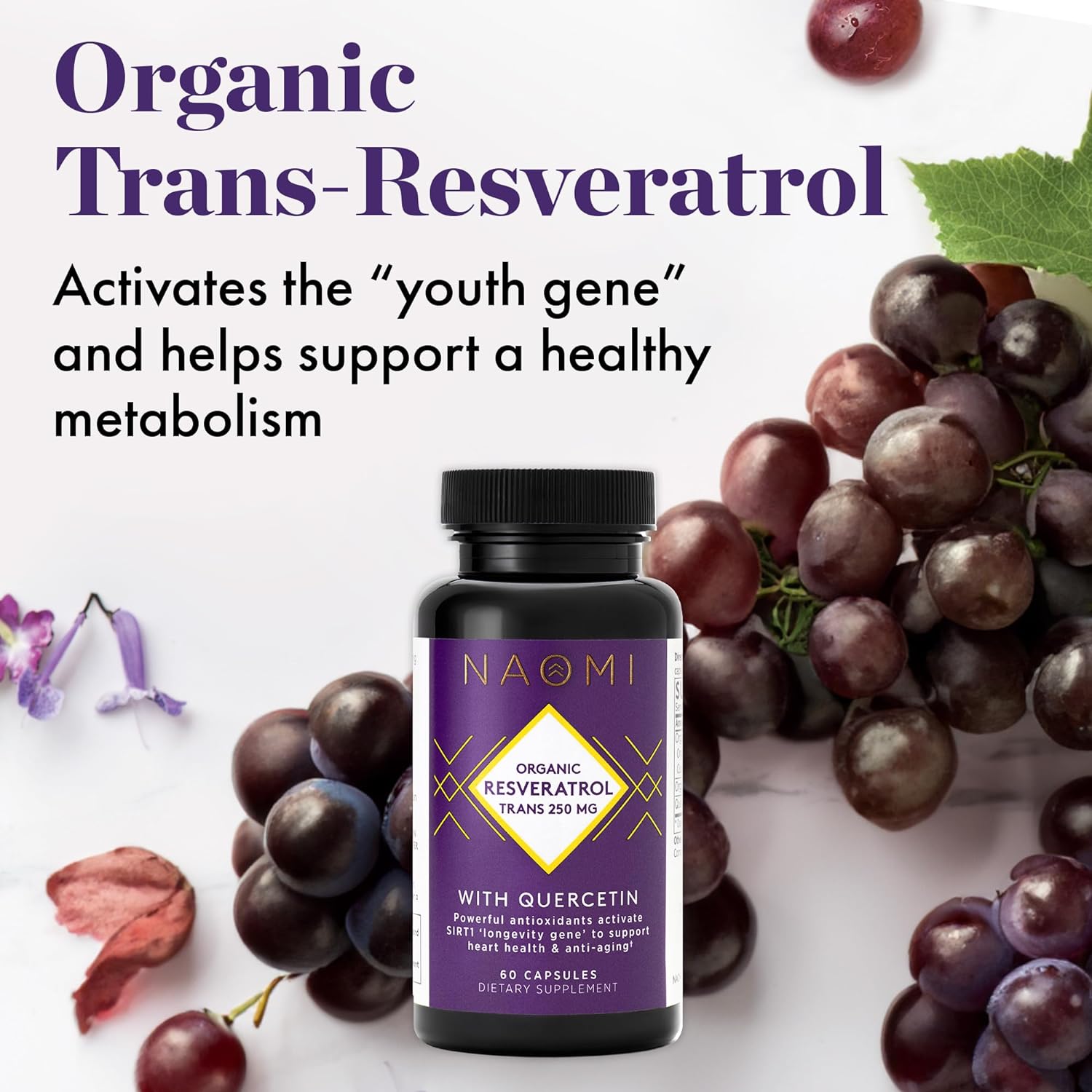NAOMI Organic Trans Resveratrol Supplement 250mg with Quercetin, Muscadine Grapes, Antioxidant Support, High Absorption, 60 Veggie Capsules : Health & Household