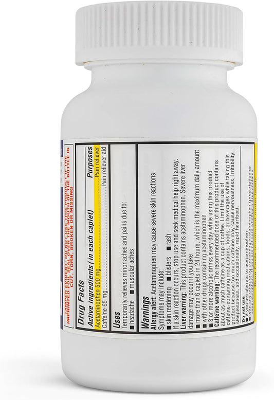 Timely - 200 Caplets - Tension Headache and Pain Reliever with Acetaminophen 500 mg and Caffeine 65 mg Extra Strength for Head, Neck, Shoulder and Body Pain Reliever, Aspirin Free - Made in USA