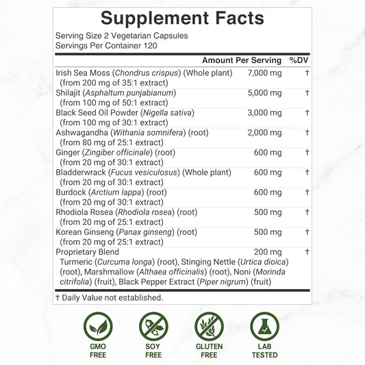 Irish Sea Moss 7000Mg Per Serving, 240 Veggie Capsules – 14 Superfood Complex – 3000Mg Black Seed Oil, 2000Mg Ashwagandha, 600Mg Ginger, 5000Mg Shilajit, 600Mg Bladderwarck, Turmeric, Noni & More