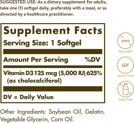 Solgar Vitamin D3 (Cholecalciferol) 125 Mcg (5000 Iu), 100 Softgels - Helps Maintain Healthy Bones & Teeth - Immune System Support - Non Gmo, Gluten Free, Dairy Free - 100 Servings