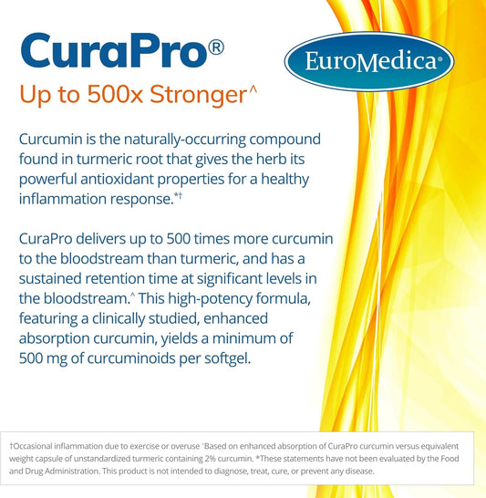 Euromedica CuraPro 750mg - 30 Softgels - High Potency Turmeric Curcumin Supplement - Clinically-Studied Liver, Brain & Immune Support - 30 Servings