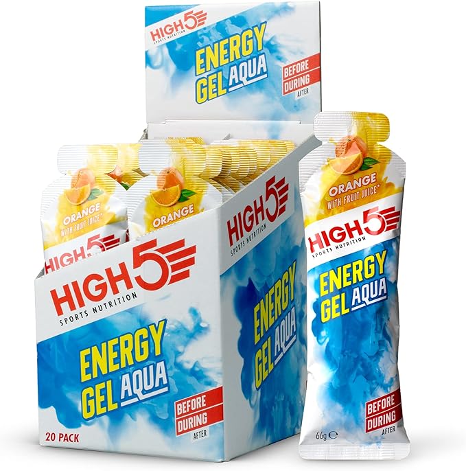 High5 Aqua Running Gels Energy - Running Essentials For Quick Release Energy - Natural Fruit Juice & No-Caffeine - Ideal As Running Equipment, Cycling Supplements, Marathon Training (Orange, 20 X 66G)