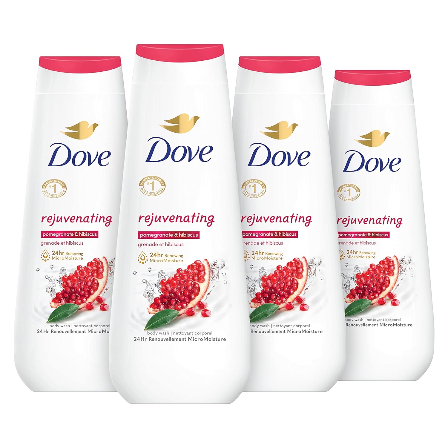 Dove Body Wash Rejuvenating Pomegranate & Hibiscus 4 Count For Renewed, Healthy-Looking Skin Gentle Skin Cleanser With 24Hr Renewing Micromoisture 20 Oz