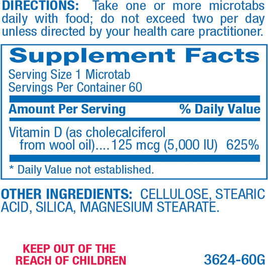 Anabolic Laboratories Vitamin D3 5000 IU (125 mcg) - 60 Vegetarian Vitamin D Microtabs for Bone, Mental, Immune, and Cellular Health - Clinical D3 Supplement