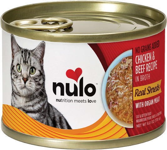 Nulo Grain-Free Real Shreds With Organ Meat Wet Canned Cat & Kitten Food, Chicken And Beef In Broth, 6.0 Ounce, 8 Cans