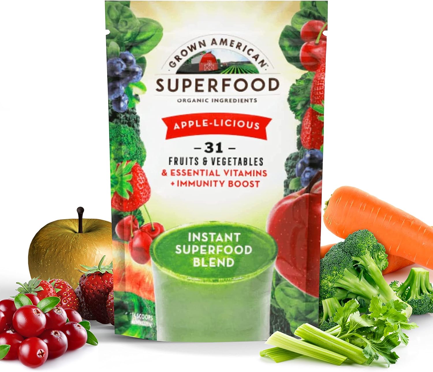 Grown American Superfood Ultra Vita-Immune Blend - 31 Organic Whole Fruits And Vegetables Concentrated Green Powder Increase Energy And Performance - 100% Vegan Non-Gmo (14 Servings, 1 Bag)