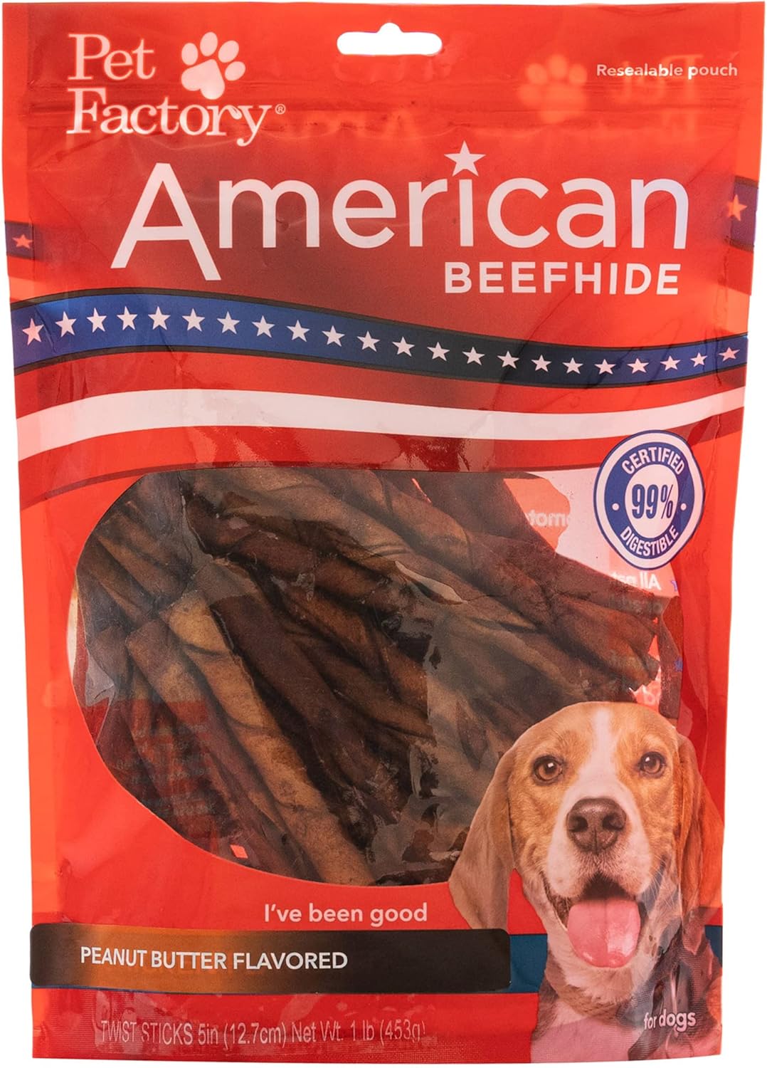 Pet Factory American Beefhide 5" Twist Sticks Dog Chew Treats - Peanut Butter Flavor, 1 Lb