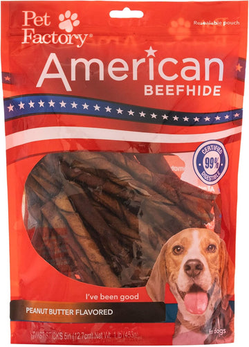 Pet Factory American Beefhide 5" Twist Sticks Dog Chew Treats - Peanut Butter Flavor, 1 Lb