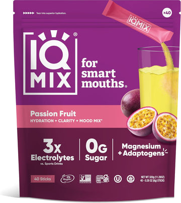 Iqmix Sugar Free Electrolytes Powder Packets - Hydration Supplement Drink Mix With Keto Electrolytes, Lions Mane, Magnesium L-Threonate, And Potassium Citrate - Passion Fruit (40 Count)