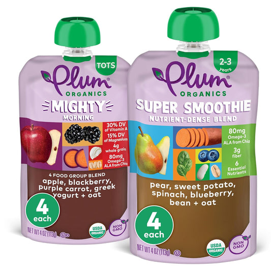 Plum Organics Tots Bundle - 4 Oz Pouch (Pack Of 8) - Apple, Blackberry, Purple Carrot, Greek Yogurt & Oat - Pear, Sweet Potato, Spinach, Blueberry, Bean, & Oat - Organic Fruit & Vegetable Toddler Food