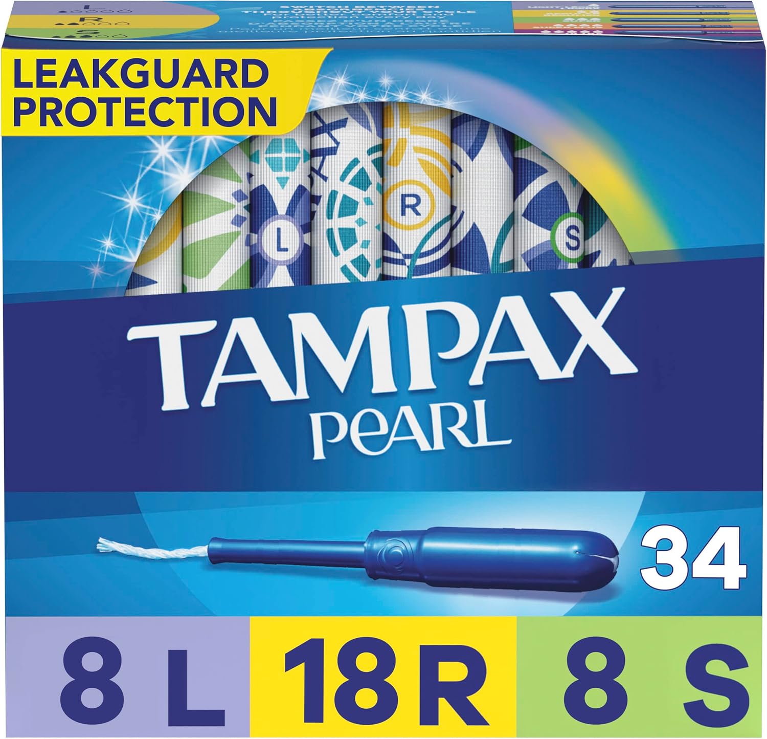 Tampax Pearl Tampons Multipack, Light/Regular/Super Absorbency, With Leakguard Braid, Unscented, 34 Count X 6 Packs (204 Count Total)