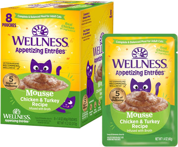 Wellness® Appetizing Entrées™ Mousse Chicken & Turkey Recipe Infused With Broth Natural Wet Cat Food, 1.4 Oz Pouch (Pack Of 8)