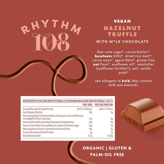 Rhythm 108 Swiss Vegan Organic Hazelnut Truffle Bar With M'Lk Chocolate 100G