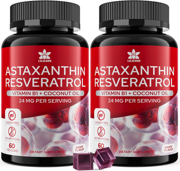 Sugar-Free Astaxanthin 24Mg Gummies With Resveratrol, Vitamin B1, Coconut Oil - Powerful Antioxidants Supplement For Men & Women Healthy Aging, Skin, Eyes, Joints, Immune - Vegan, Non-Gmo 120 Servings