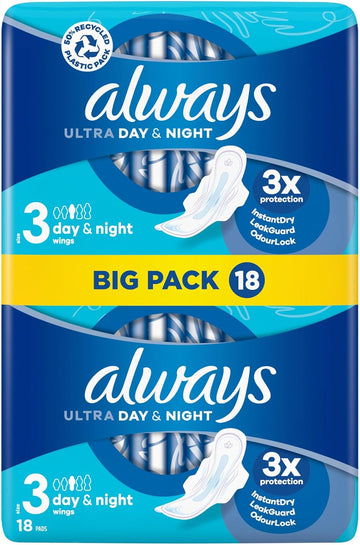 Always Ultra Sanitary Towels Day & Night (Size 3) Wings X18 Pads : Health & Household