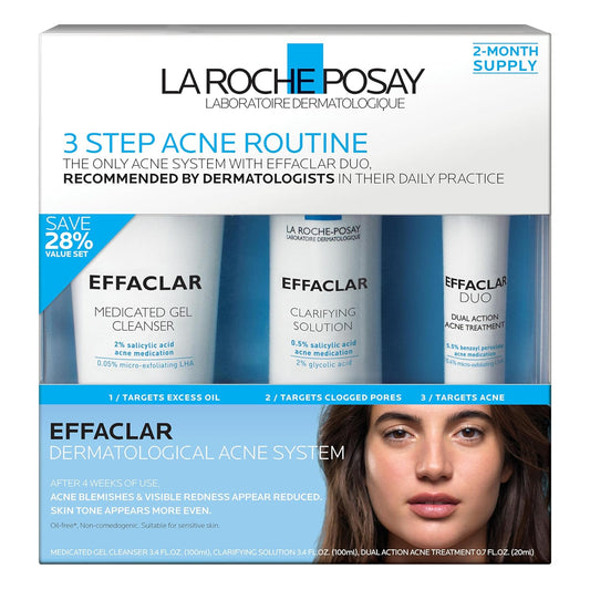 La Roche-Posay Effaclar Dermatological 3 Step Acne Treatment System, Salicylic Acid Acne Cleanser, Pore Refining Toner, And Benzoyl Peroxide Spot Treatment For Sensitive Skin, 2-Month Supply