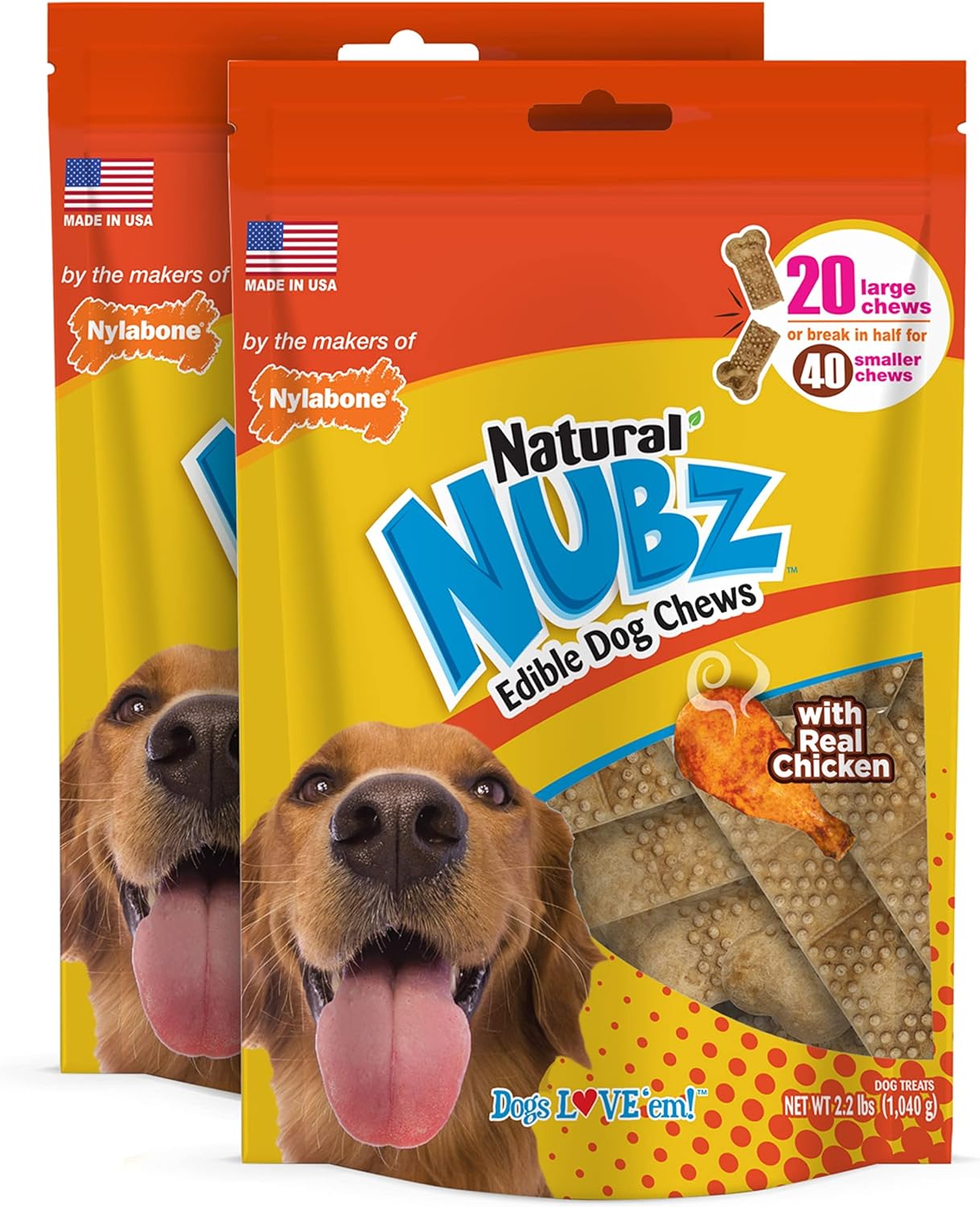 Nylabone Nubz Chicken Dog Treats I All Natural Edible Chew Treats for Dogs l Made in USA l 2 (20 count) Large - 30+ lbs