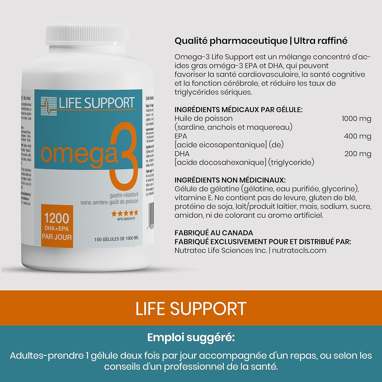 Life Support Omega 3: Enteric Coated. High Absorption. No Fishy Aftertaste. High EPA and DHA Omega 3 Essential Fatty Acids Support Heart, Brain, Joints and Immune System. Easy To Swallow (150 Count) : Health & Household