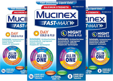 Mucinex Fast-Max Max Strength, Day Cold & Flu & Night Cold & Flu Liquid Gels (Pack Of 3), 72 Count (Packaging May Vary)