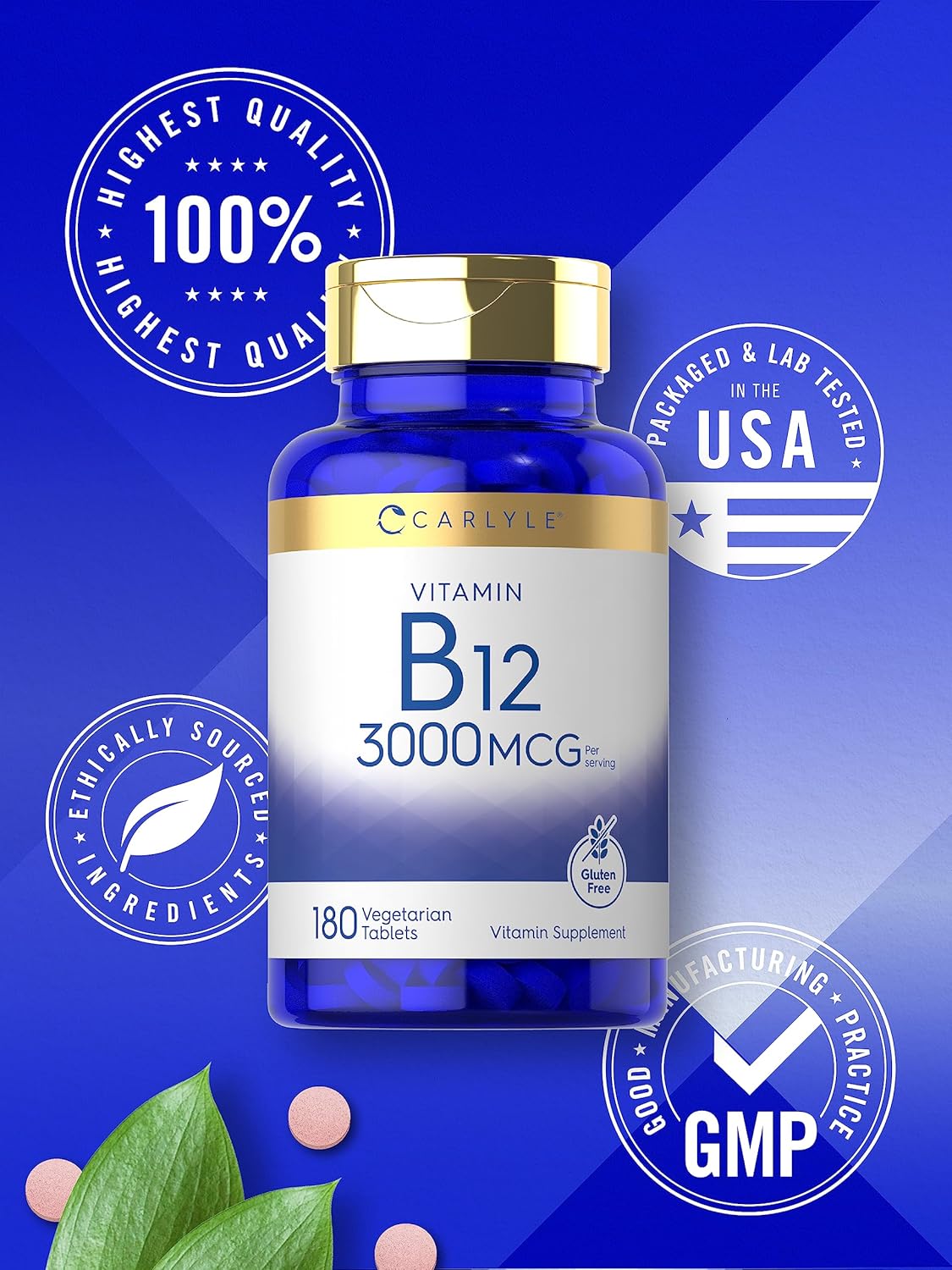 Carlyle Vitamin B-12 3000mcg | 180 Tablets for Adults | Vegetarian, Non-GMO & Gluten Free Supplement : Health & Household