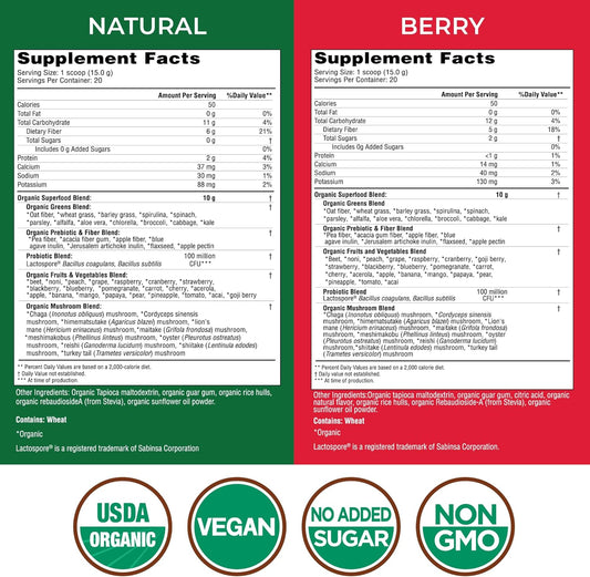 Country Farms Super Greens Power Pack, 50 Organic Super Foods, Greens Powder With Probiotics For Gut Health & Bloating Relief, Supports Energy, Unflavored & Berry, 40 Serving